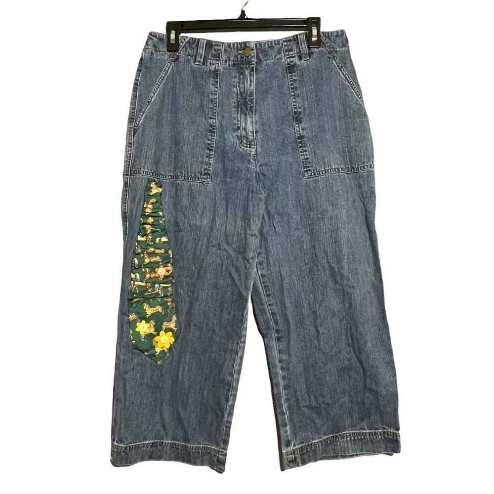 Jones Jeans Capris Crop Women Size 12 Necktie Patchwork Craft Arts Blue Vintage